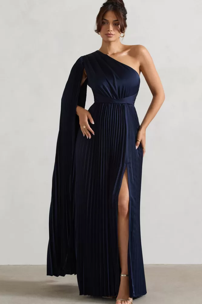 Club L London My Vision | Plisse Asymmetric Split Maxi Dress With Cape Sleeve NAVY Best