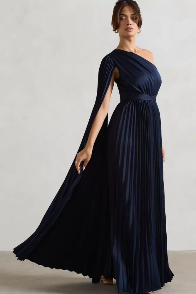 Club L London My Vision | Plisse Asymmetric Split Maxi Dress With Cape Sleeve NAVY Best