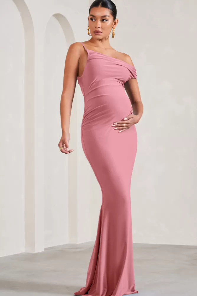 Club L London My Wish | Blush Pink Strappy Asymmetric Maternity Maxi Dress BLUSHPINK Store