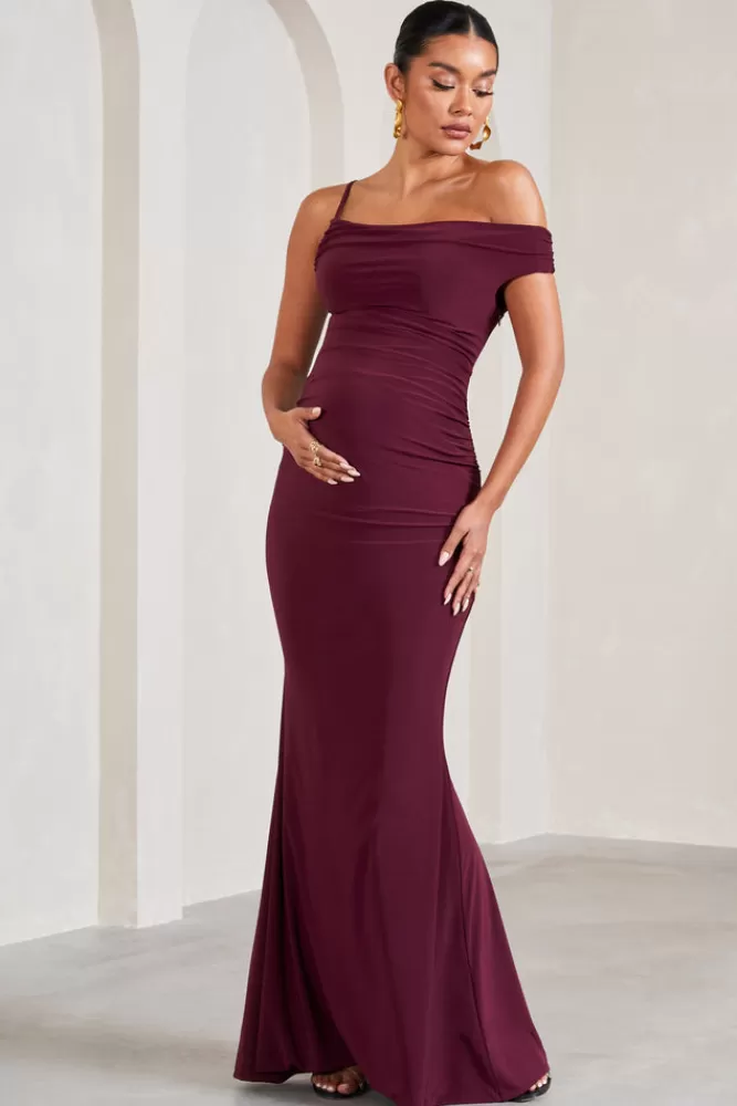 Club L London My Wish | Strappy Asymmetric Maternity Maxi Dress BURGUNDY Cheap