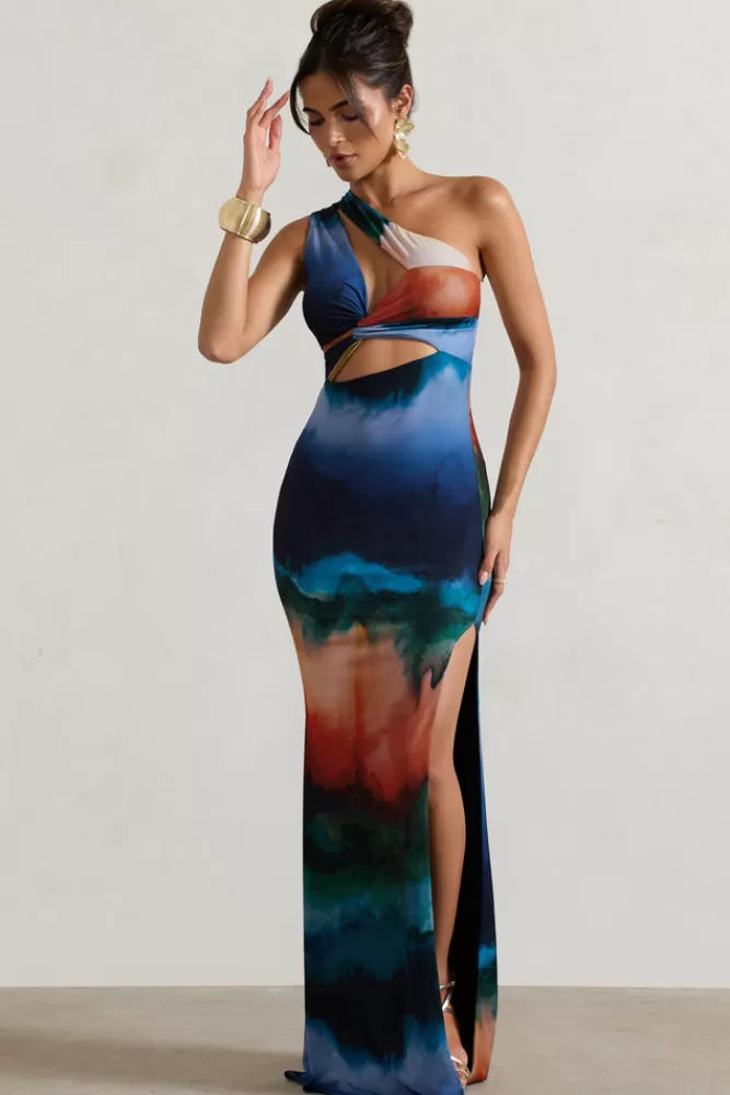 Club L London Mykonos | Multi Blur Print Asymmetric Cut-Out Split Maxi Dress MULTIBLURPRINT Discount