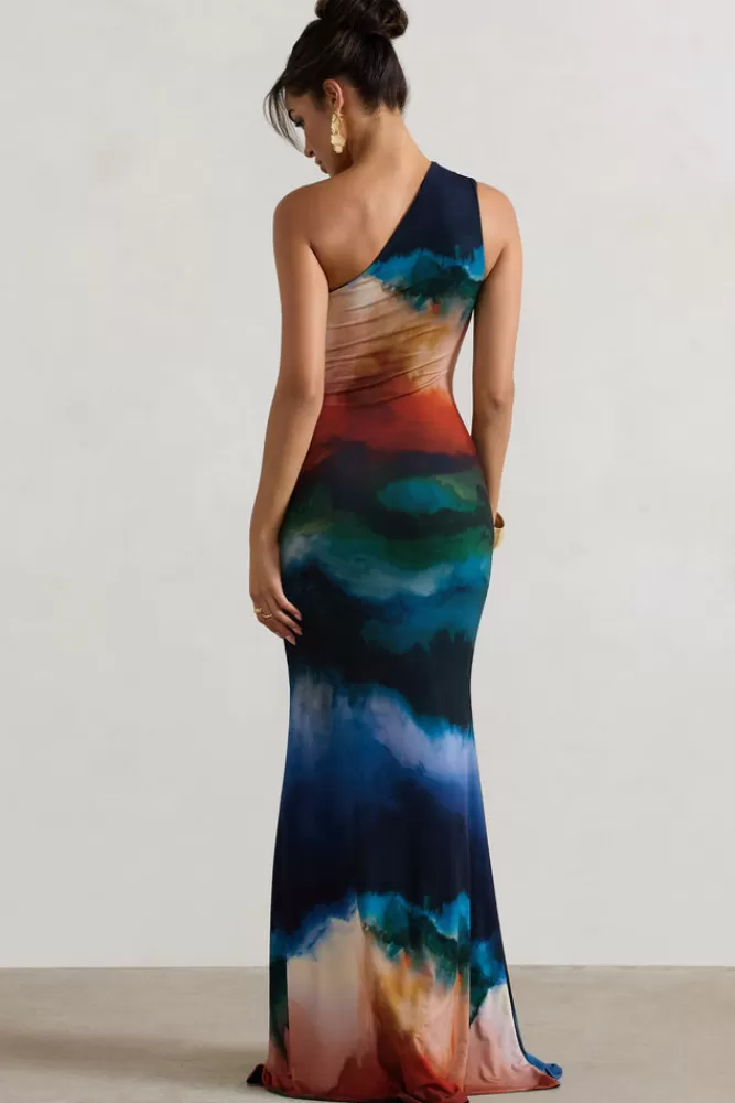 Club L London Mykonos | Multi Blur Print Asymmetric Cut-Out Split Maxi Dress MULTIBLURPRINT Discount