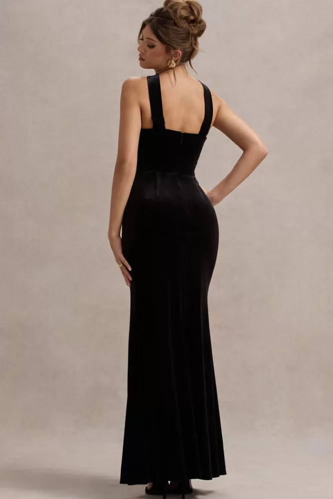 Club L London Mystery | Velvet Plunge Halter-Neck Split Maxi Dress With Bow BLACK Outlet