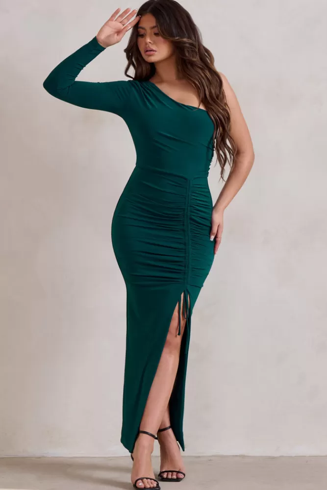 Club L London Mystical | Bottle Green One Shoulder Maxi Dress With Side Split BottleGreen Best Sale