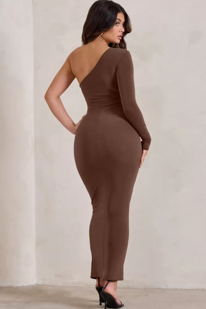 Club L London Mystical | Chocolate One Shoulder Maxi Dress With Side Split Brown Discount