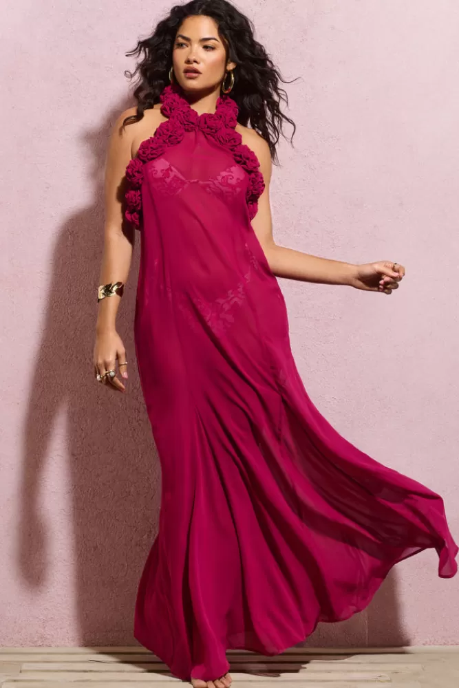 Club L London Naelya | Dark Pink Chiffon Halter-Neck Maxi Dress With Corsages MAGENTA Cheap