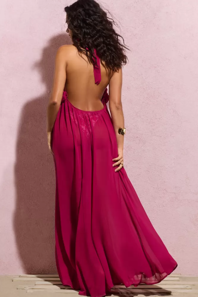 Club L London Naelya | Dark Pink Chiffon Halter-Neck Maxi Dress With Corsages MAGENTA Cheap