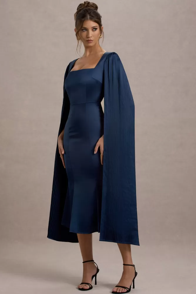 Club L London Nalda | Square-Neck Midi Dress With Cape Sleeves NAVY Clearance