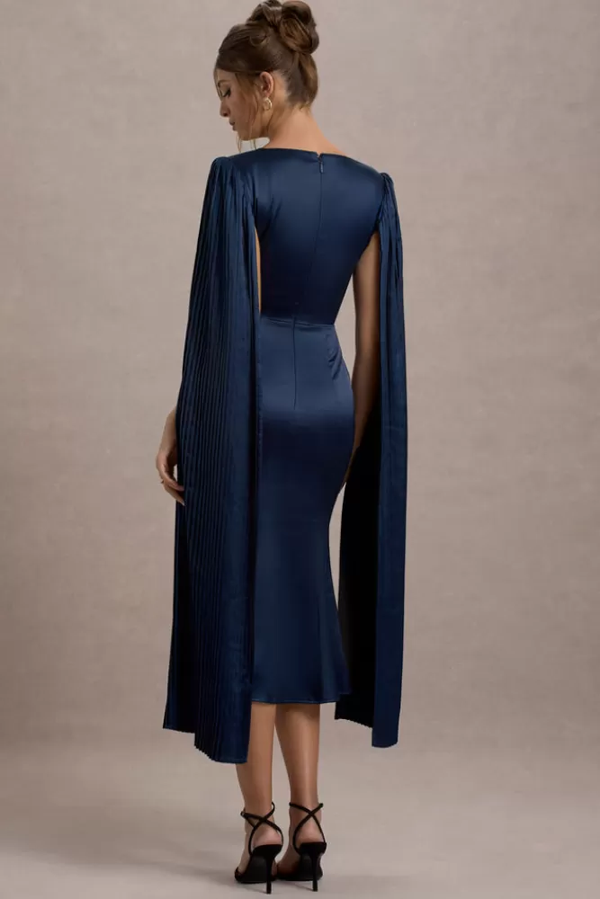 Club L London Nalda | Square-Neck Midi Dress With Cape Sleeves NAVY Clearance