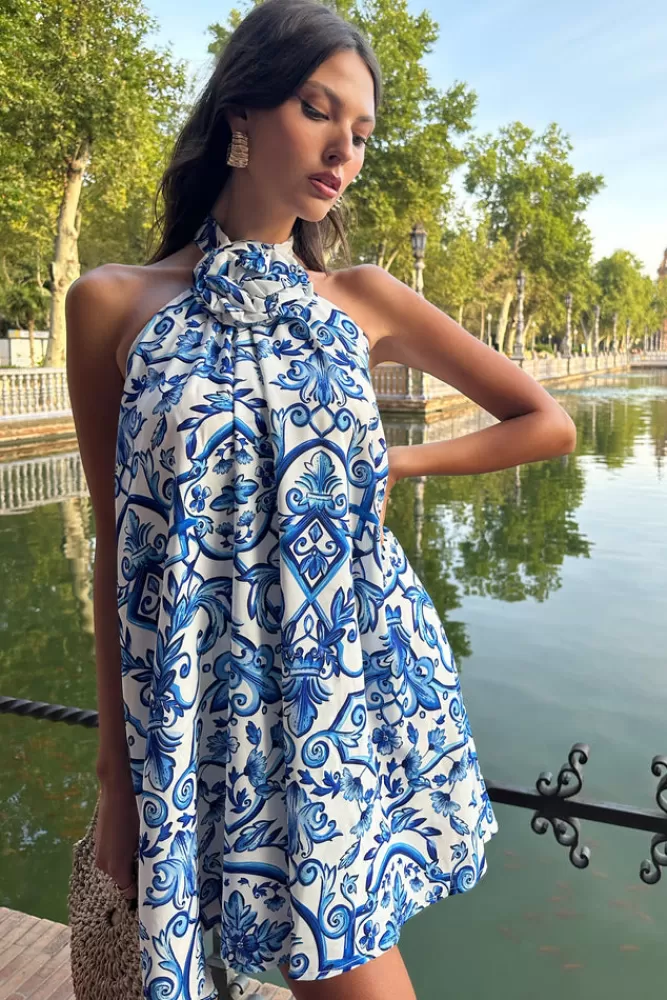 Club L London Naples | Blue Porcelain Print Halter-Neck Mini Dress With Corsage BLUEPRINT New