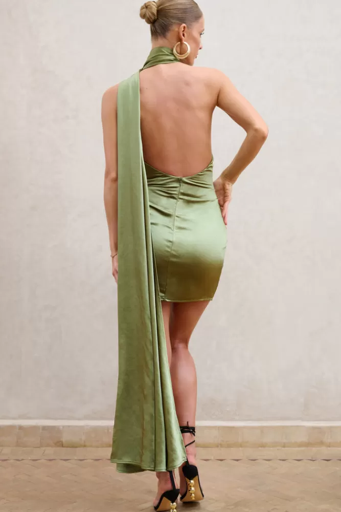 Club L London Nasira | Asymmetric Neck Open Back Mini Dress With Scarf Detail OLIVE Cheap