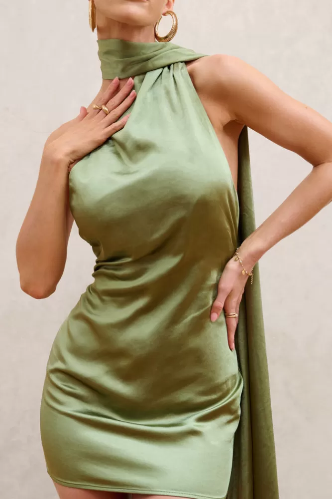 Club L London Nasira | Asymmetric Neck Open Back Mini Dress With Scarf Detail OLIVE Cheap