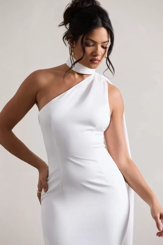 Club L London Natalie | White Satin One Shoulder Mini Dress With Scarf Detail CREAM Flash Sale