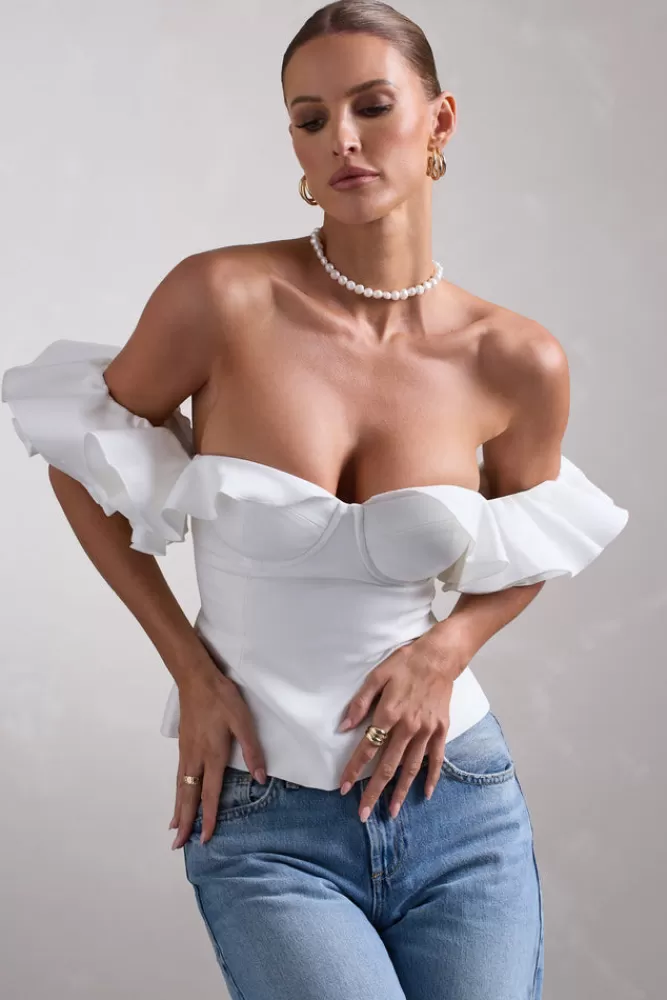 Club L London Naturally | Cotton-Blend Structured Bardot Top WHITE Hot