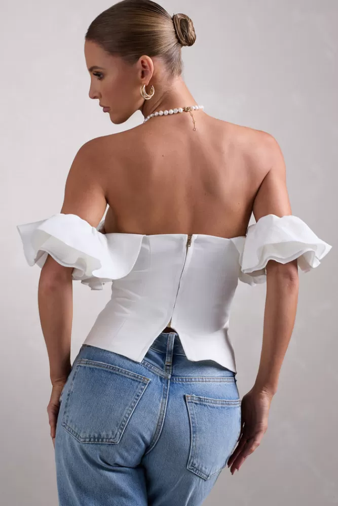 Club L London Naturally | Cotton-Blend Structured Bardot Top WHITE Hot