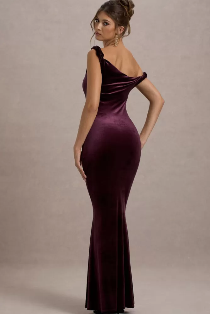 Club L London Neeka | Velvet Twisted Asymmetric Maxi Dress PORT New