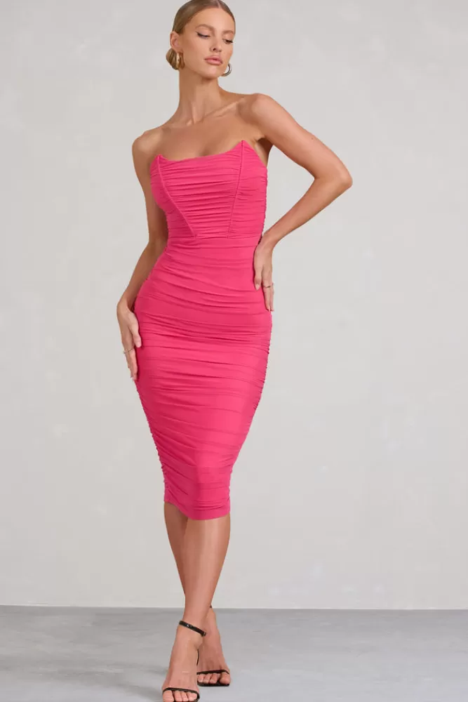 Club L London Negroni | Hot Pink Bandeau Corset Ruched Mesh Midi Dress HOTPINK Hot