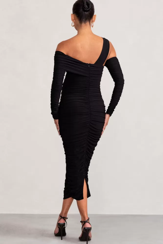 Club L London Neile | Asymmetric Bardot Maternity Midi Dress with Sleeves BLACK Flash Sale