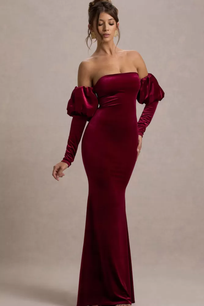 Club L London Neoma | Velvet Bardot Puff-Sleeve Maxi Dress BERRY Shop