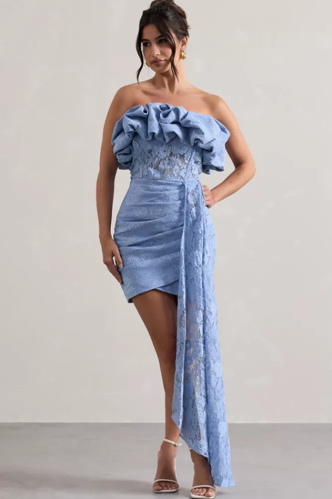 Club L London Neptune | Lace Strapless Ruffled Mini Dress With Drape BLUE Discount