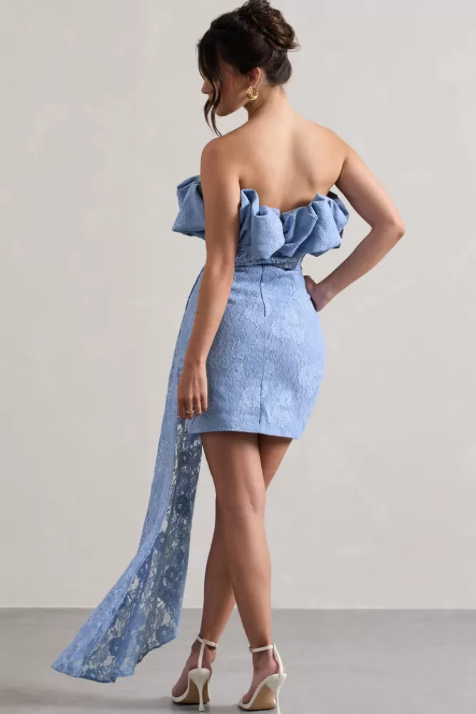 Club L London Neptune | Lace Strapless Ruffled Mini Dress With Drape BLUE Discount