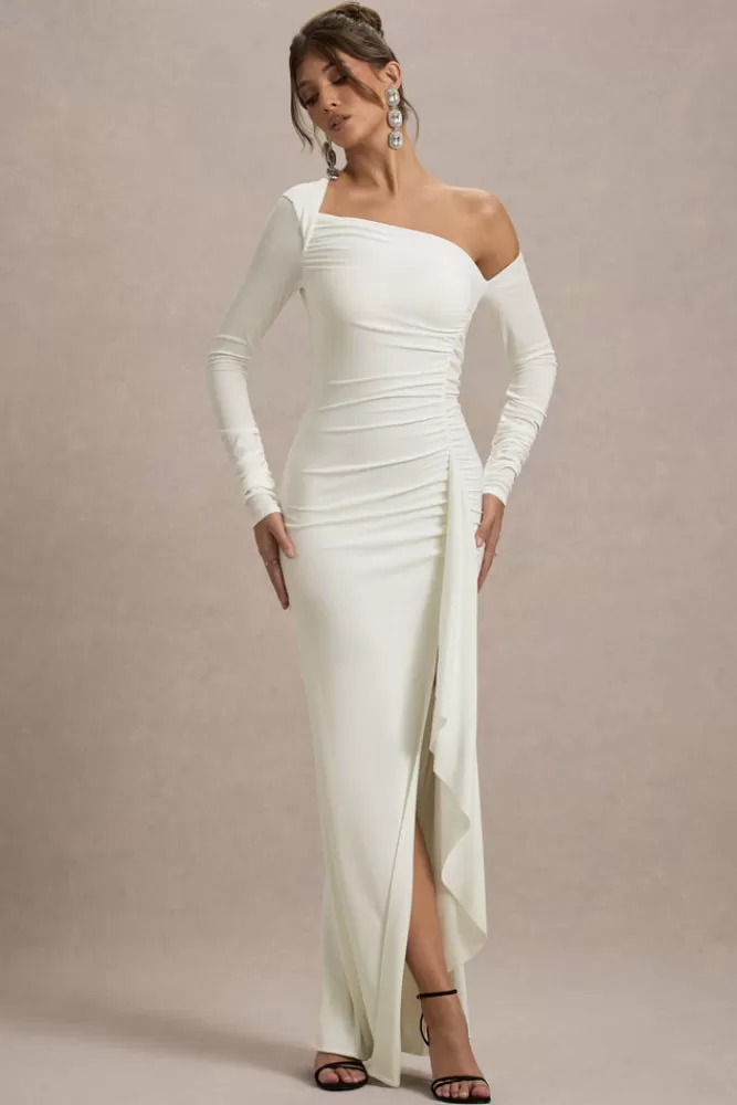 Club L London Nerina | Asymmetric Long-Sleeve Split Maxi Dress CREAM Hot