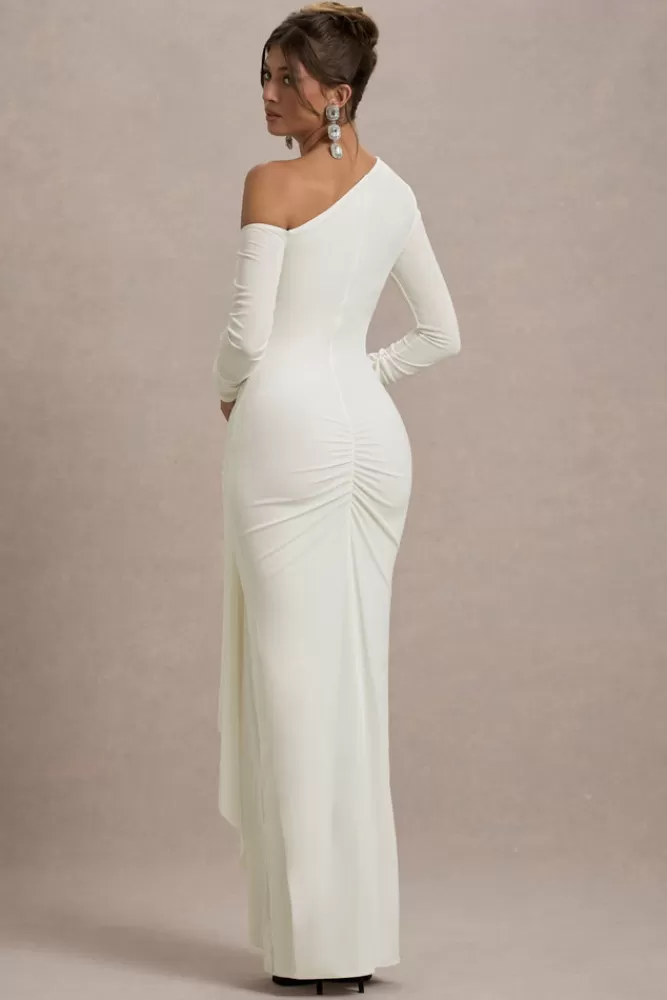 Club L London Nerina | Asymmetric Long-Sleeve Split Maxi Dress CREAM Hot