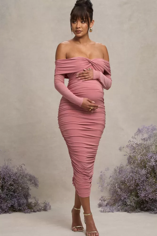 Club L London Neva | Bardot Twist Maternity Midi Dress BLUSH New