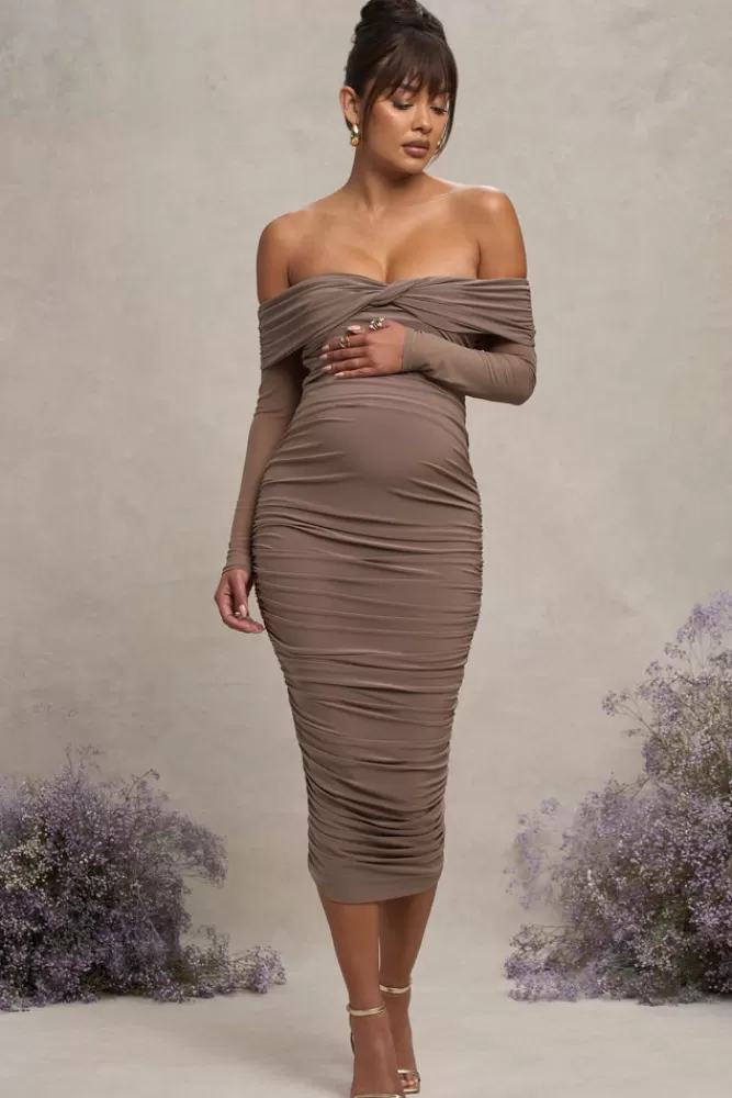 Club L London Neva | Bardot Twist Maternity Midi Dress MOCHA Sale