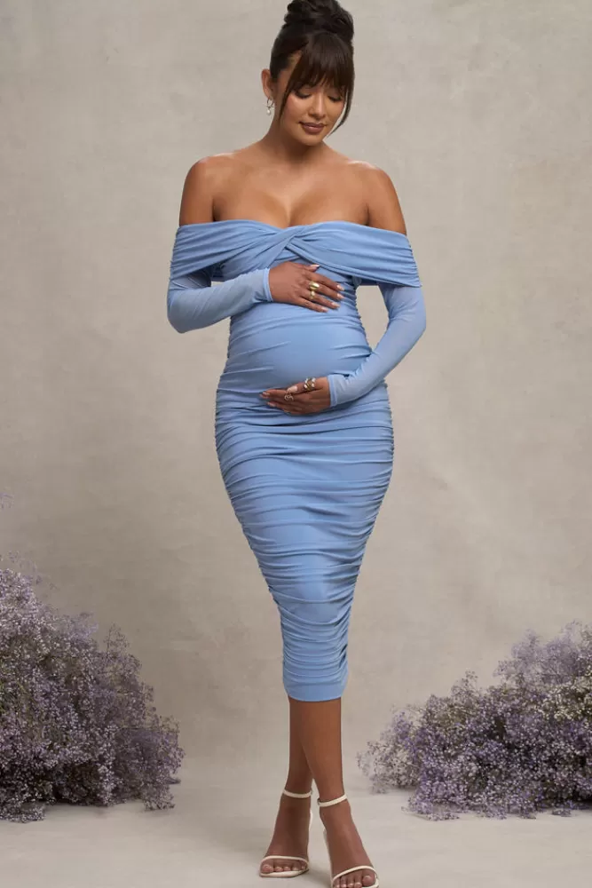 Club L London Neva | Powder Blue Bardot Twist Maternity Midi Dress POWDERBLUE Hot