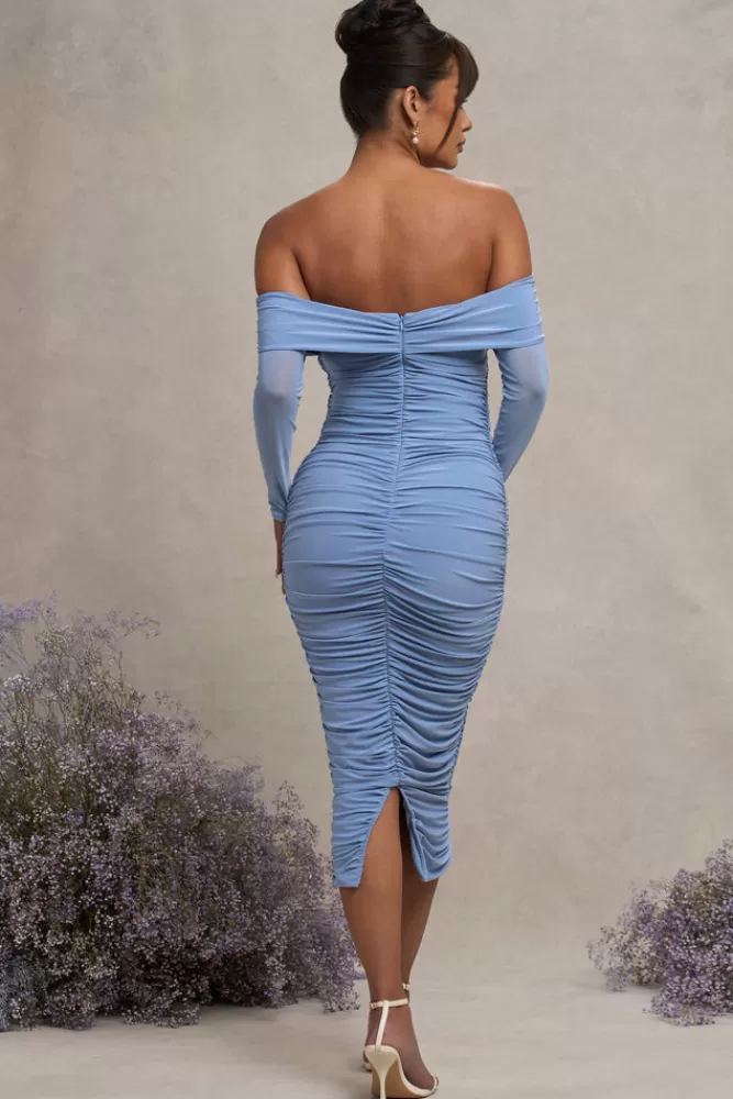 Club L London Neva | Powder Blue Bardot Twist Maternity Midi Dress POWDERBLUE Hot