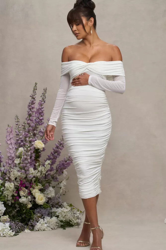 Club L London Neva | Bardot Twist Maternity Midi Dress WHITE Hot