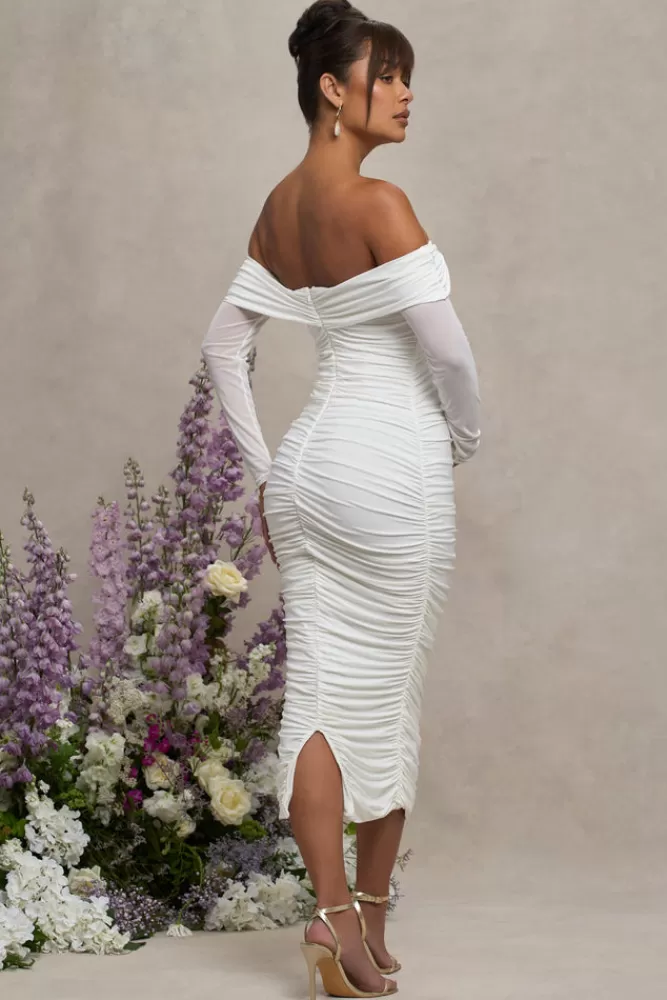 Club L London Neva | Bardot Twist Maternity Midi Dress WHITE Hot