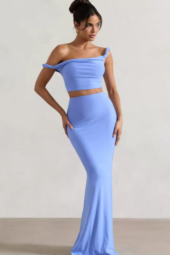 Club L London Neve | Blue Gathered Maxi Skirt COASTLINEBLUE Clearance