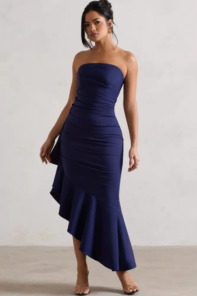 Club L London New Age | Strapless Asymmetric Ruffled Maxi Dress NAVY Sale