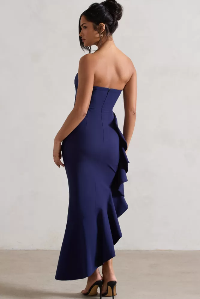 Club L London New Age | Strapless Asymmetric Ruffled Maxi Dress NAVY Sale