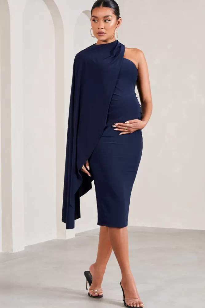 Club L London New Chapter | Asymmetric Maternity Midi Dress With Cape NAVY Online