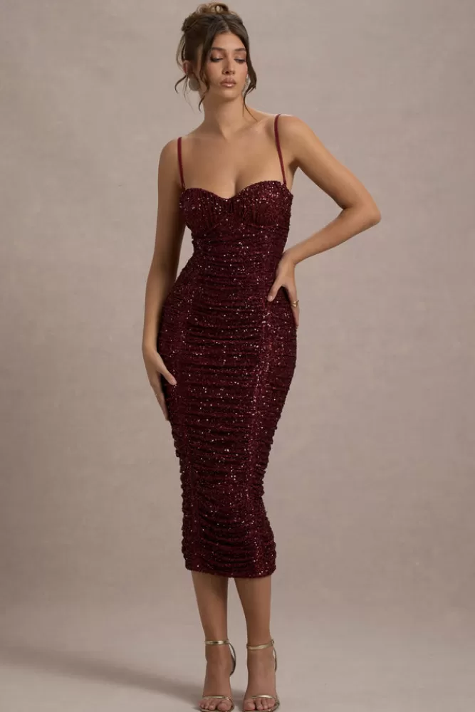 Club L London New Energy | Sequin Strappy Ruched Bodycon Midi Dress PLUM New