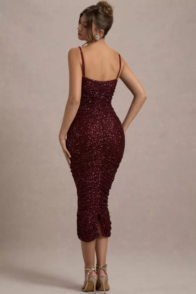 Club L London New Energy | Sequin Strappy Ruched Bodycon Midi Dress PLUM New