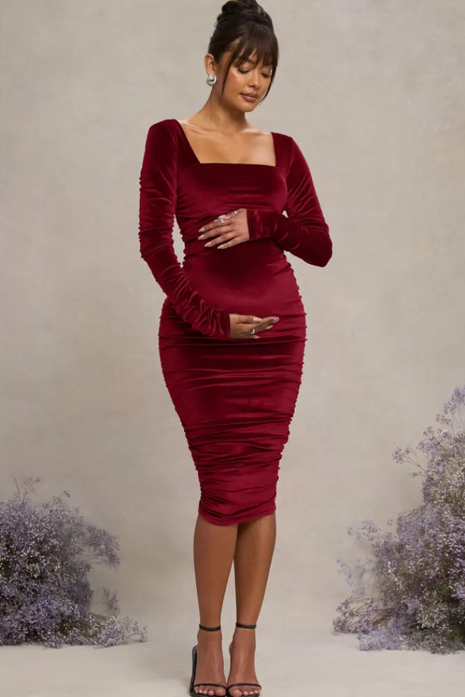 Club L London New Life | Velvet Maternity Square Neck Ruched Midi Dress BERRY Sale