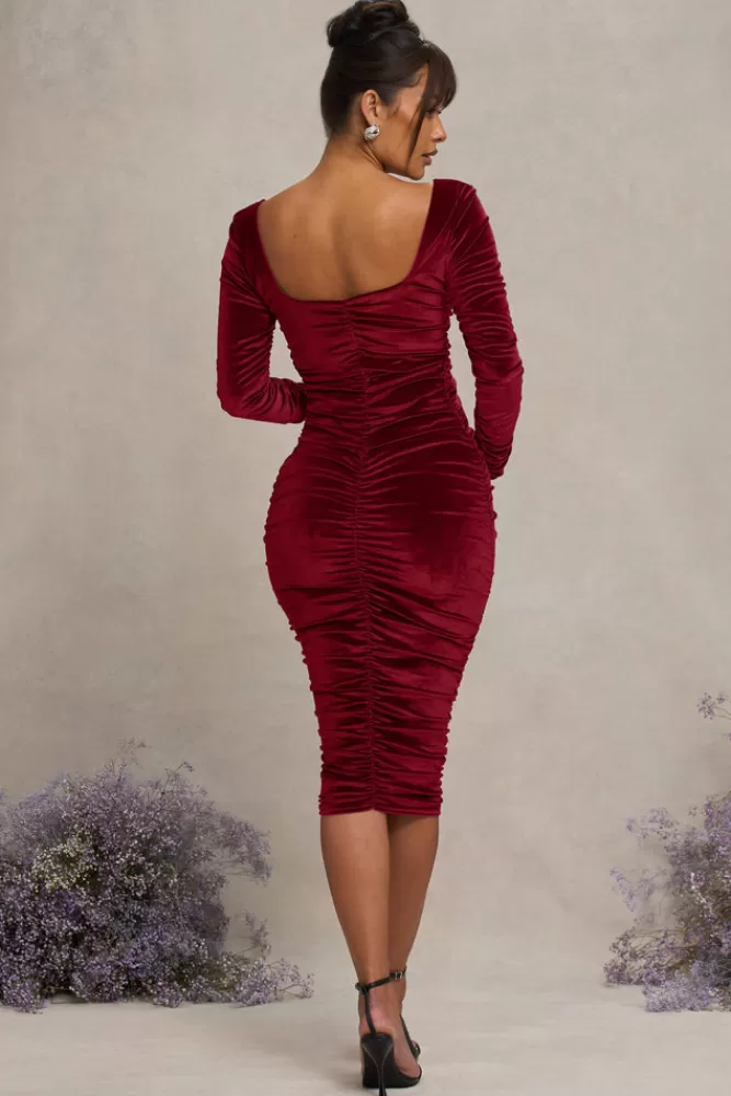 Club L London New Life | Velvet Maternity Square Neck Ruched Midi Dress BERRY Sale