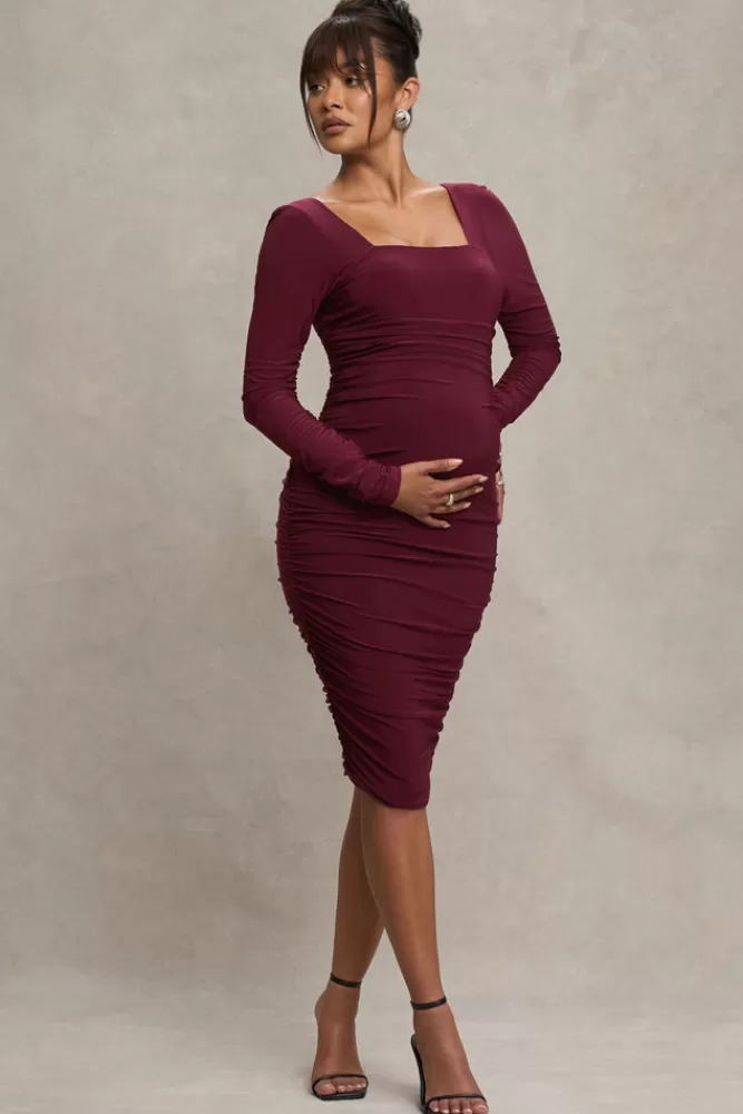 Club L London New Life | Maternity Square Neck Ruched Midi Dress BURGUNDY Online