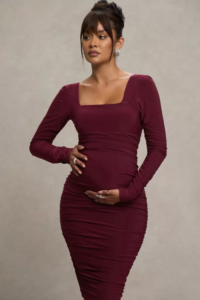 Club L London New Life | Maternity Square Neck Ruched Midi Dress BURGUNDY Online