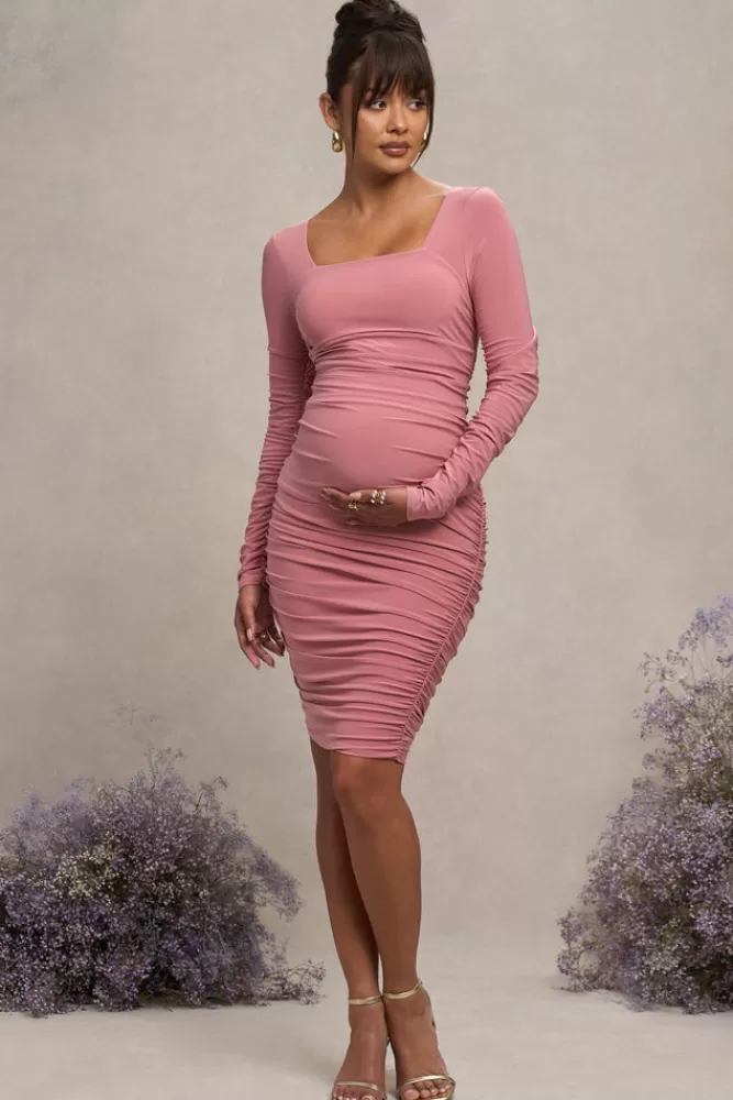 Club L London New Life | Pink Maternity Square Neck Ruched Midi Dress NUDE Sale