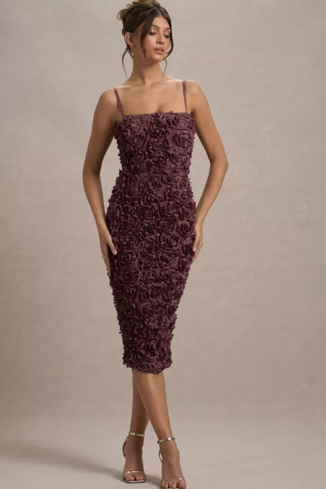 Club L London New Love | Dark Mauve Strappy Midi Dress With Mesh Flowers DARKMAUVE Cheap
