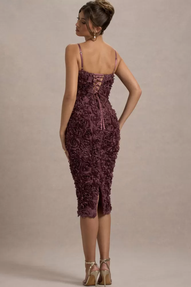 Club L London New Love | Dark Mauve Strappy Midi Dress With Mesh Flowers DARKMAUVE Cheap