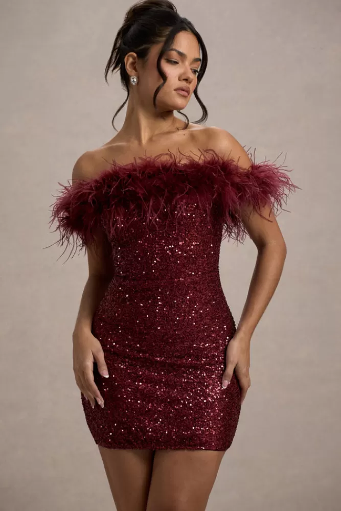 Club L London New Money | Bodycon Sequin Mini Dress With Feather Trim BURGUNDY Outlet