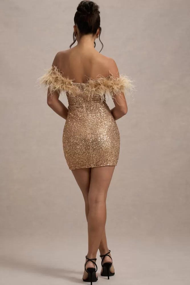 Club L London New Money | Bodycon Sequin Mini Dress With Feather Trim GOLD Discount
