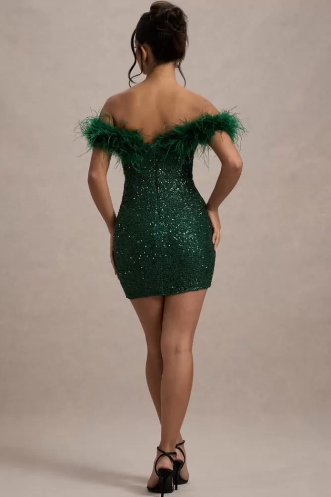 Club L London New Money | Bodycon Sequin Mini Dress With Feather Trim GREEN Clearance