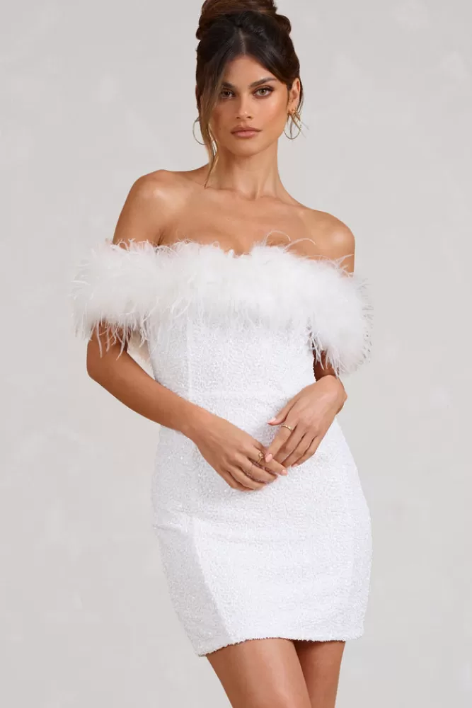 Club L London New Money | Bodycon Sequin Mini Dress With Feather Trim WHITE Cheap